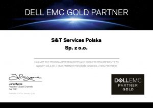 Certyfikat Dell Emc Gold SnT services 2017